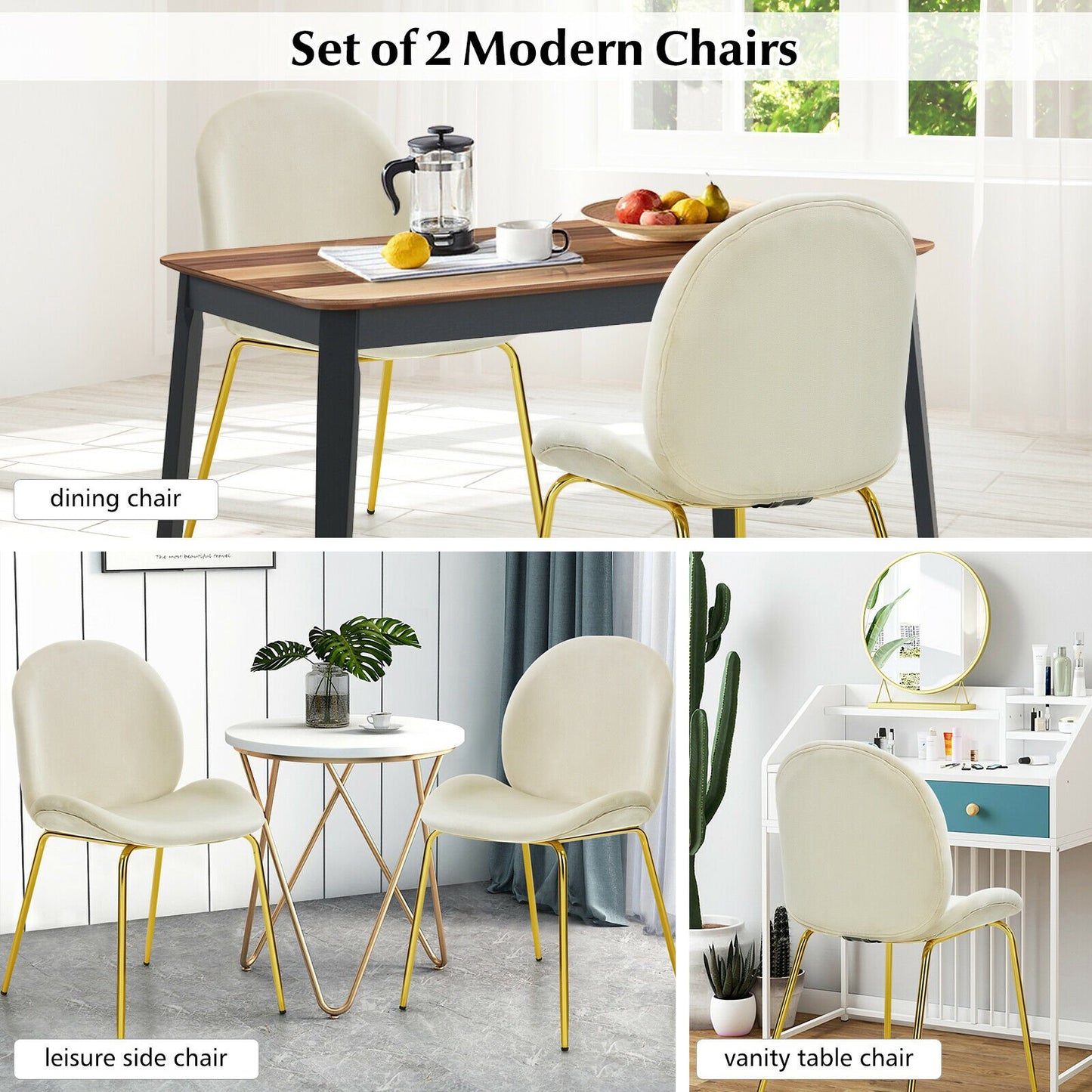 Set of 2 Velvet Dining Chair with Golden Finished Steel Legs-Beige