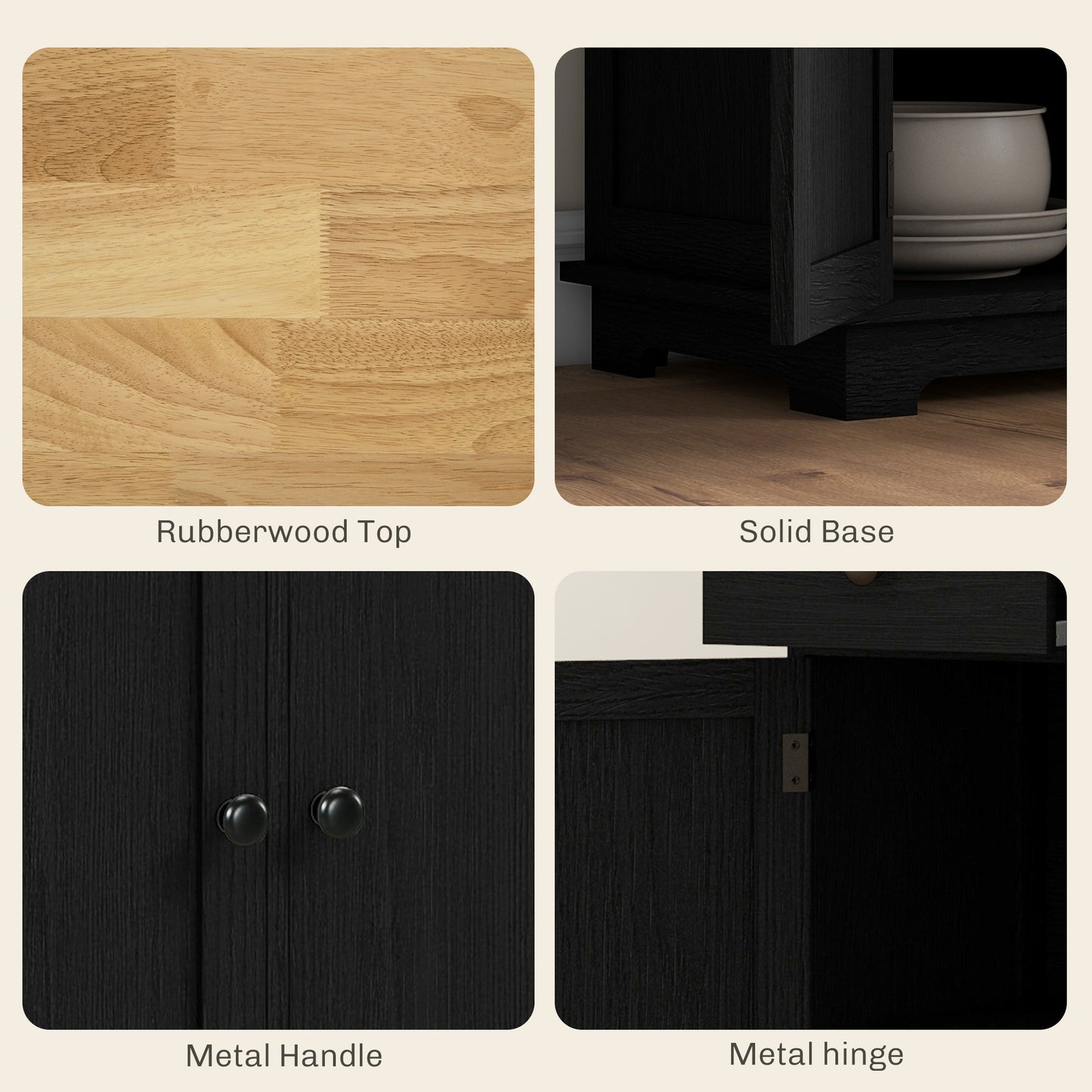 HOMCOM Sideboard with Rubberwood Top and Adjustable Shelves for Dining Room, Kitchen - Black Wood-Effect
