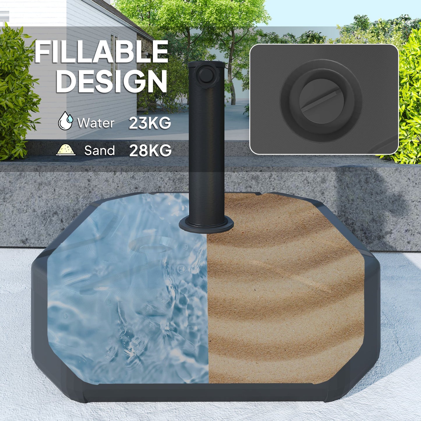 Outsunny Square Garden Parasol Base, Garden Umbrella Stand, Heavy Duty Parasol Base, Filled To 25kg with Stand or 20kg with Water for Garden, Poolside, Black