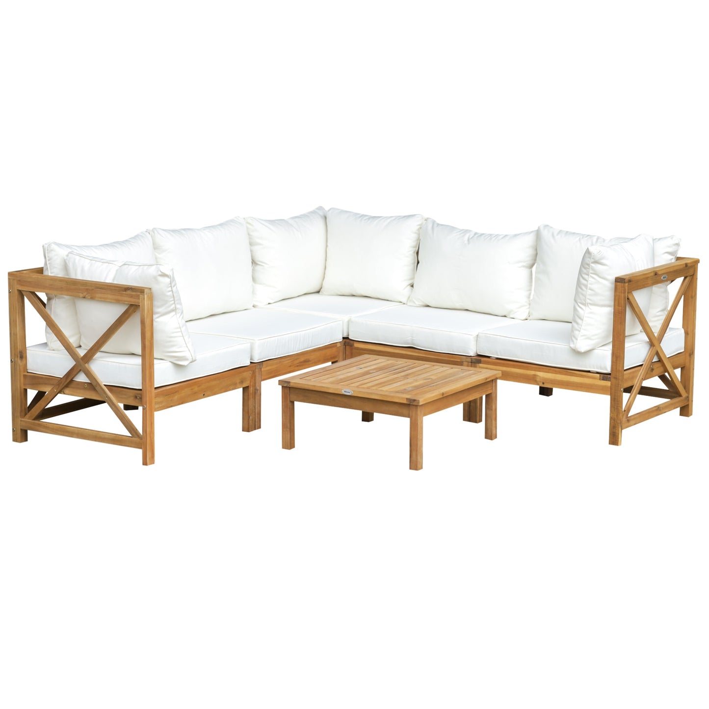Outsunny 6-częściowy elegancki zestaw do jadalni na patio z drewnianą ramą i poduszkami, stolik kawowy, meble ogrodowe, sofa, balkon, patio, kremowo-biały