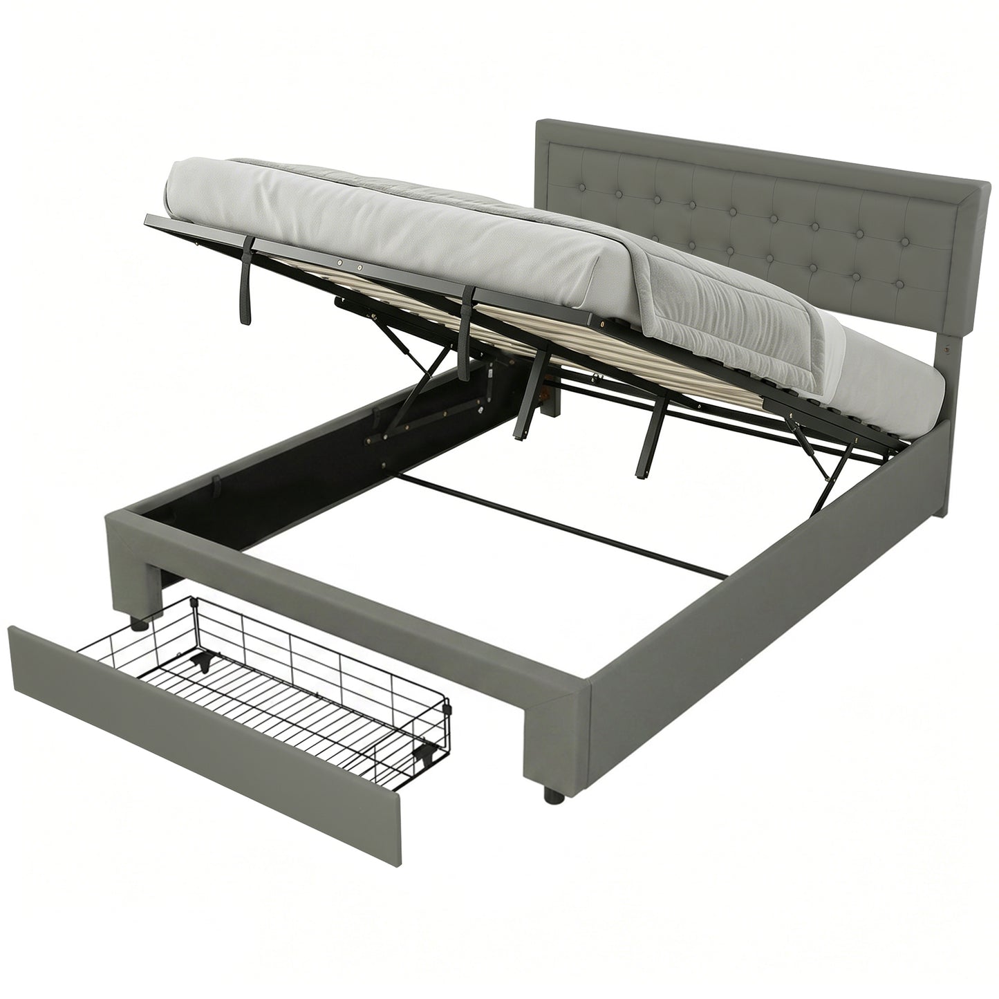 HOMCOM King Size Ottoman Bed Frame, with Front Drawer - Grey