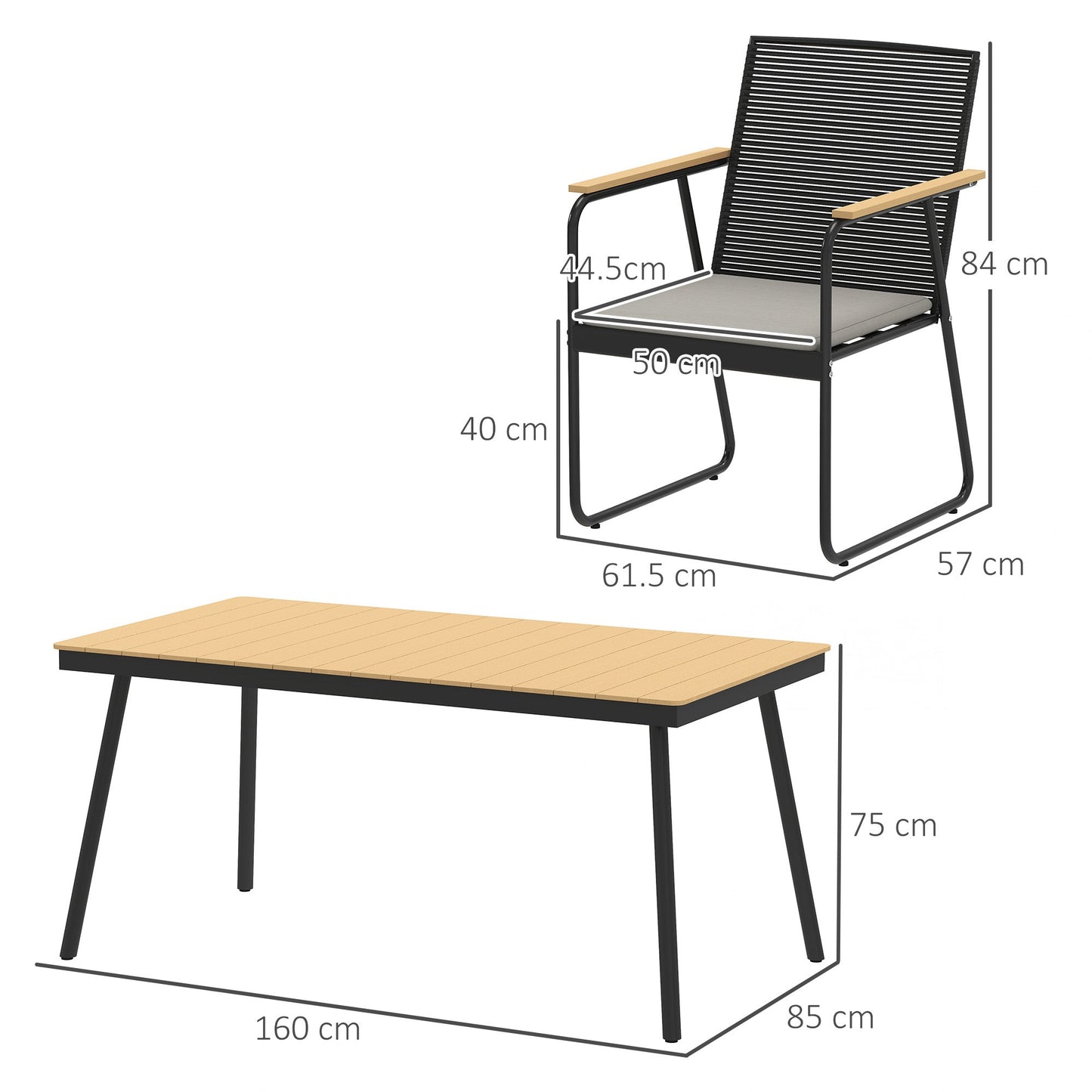 Outsunny 6 Seater Garden Dining Set with Soft Cushions, Rattan Backrest, Rectangular Plastic Top, Garden Furniture Set, Outdoor Dining Table and Chairs for Patio, Balcony, Poolside, Nature Wood Finish