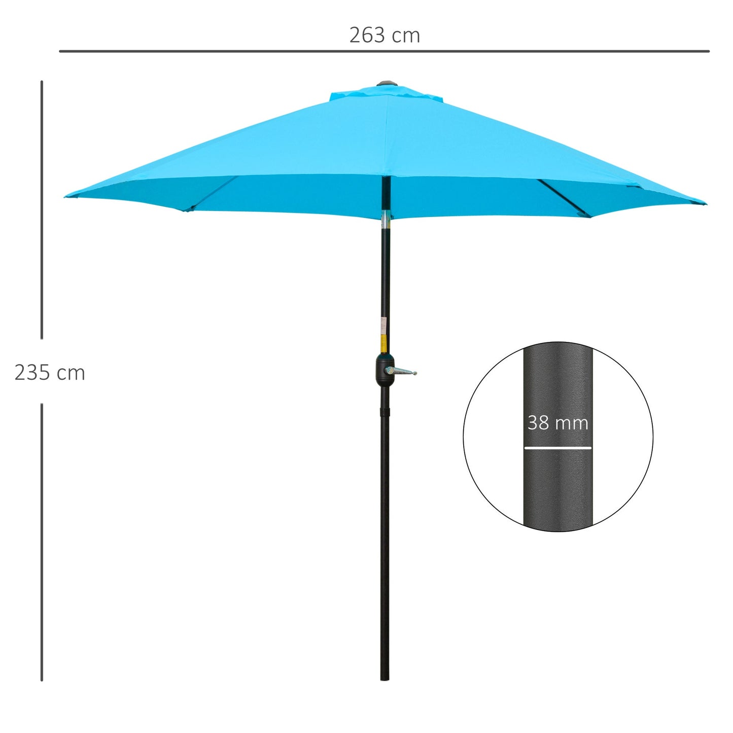 Outsunny 2.6M Parasol tarasowy, parasol przeciwsłoneczny, baldachim z korbą, 8 żeber, rama aluminiowa, niebieski