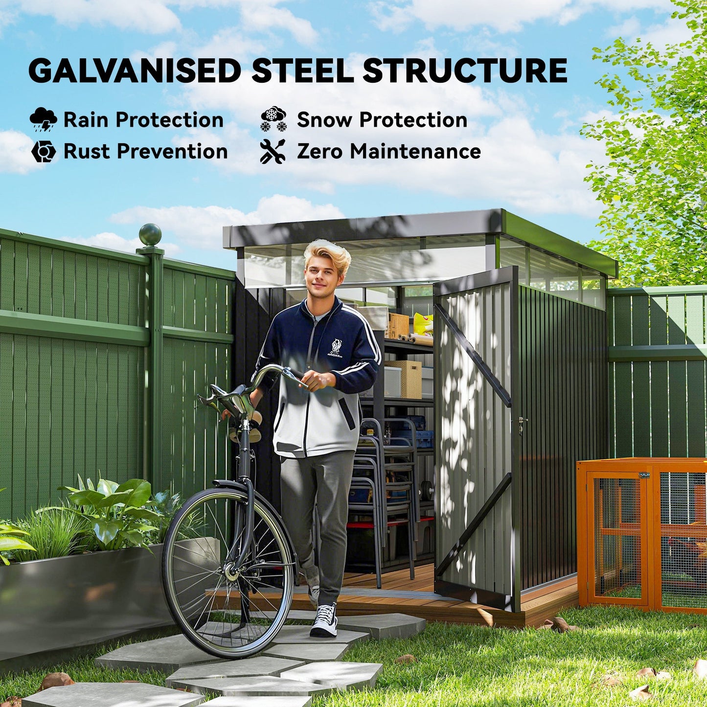 Outsunny 5,3 x 8,5ft ocynkowana stalowa szopa ogrodowa, metalowa szopa z oknami dachowymi, otworami zapobiegającymi przeciekom i zamykanymi szerokimi drzwiami do przechowywania narzędzi na patio