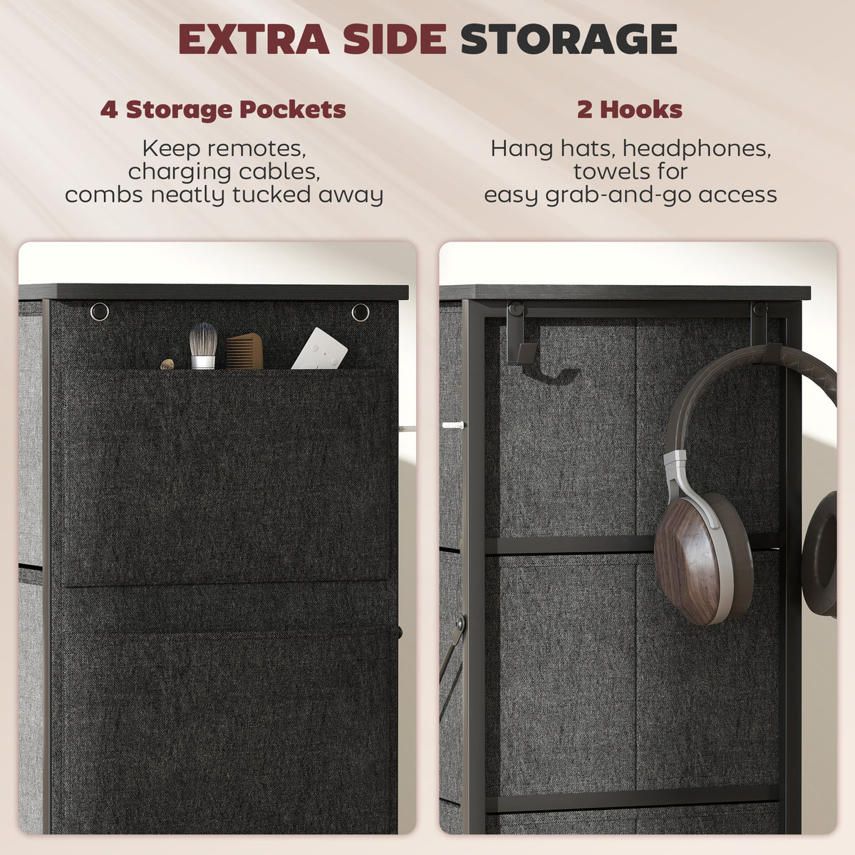 HOMCOM Chest of Drawers, Dresser for Bedroom with 8 Fabric Drawers, Tall Storage Unit w/ Side Storage Bag, Grey