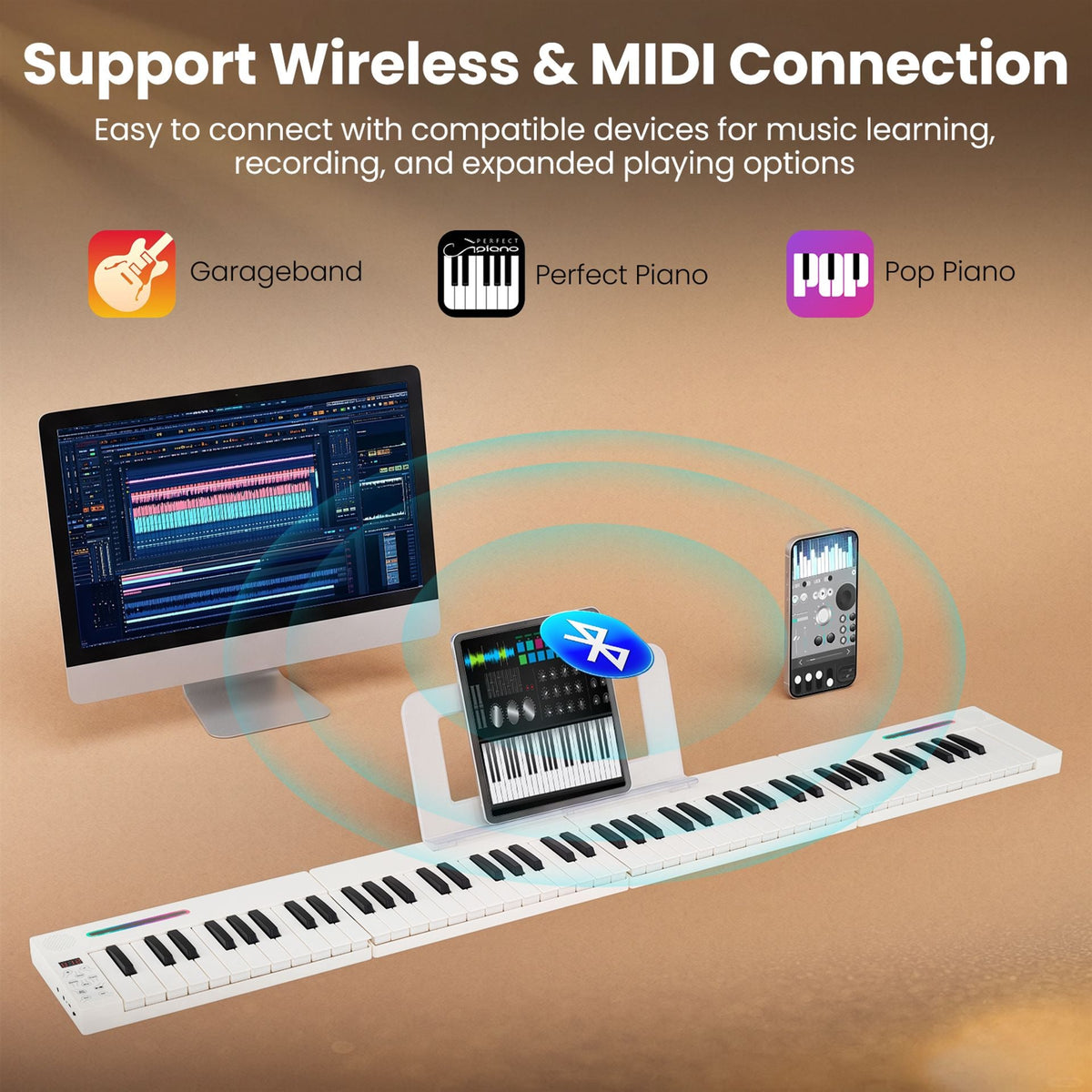 4PCS Portable Folding Full Size Electric Piano with Sustain Pedal Music Stand and Rechargeable Battery-White