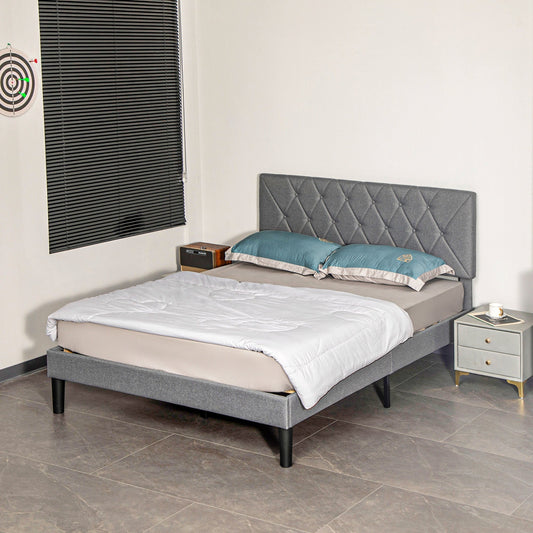HOMCOM Double Bed Frame with 5-Level Adjustable Linen Upholstered Headboard 145W x 196D x 120Hcm, Grey