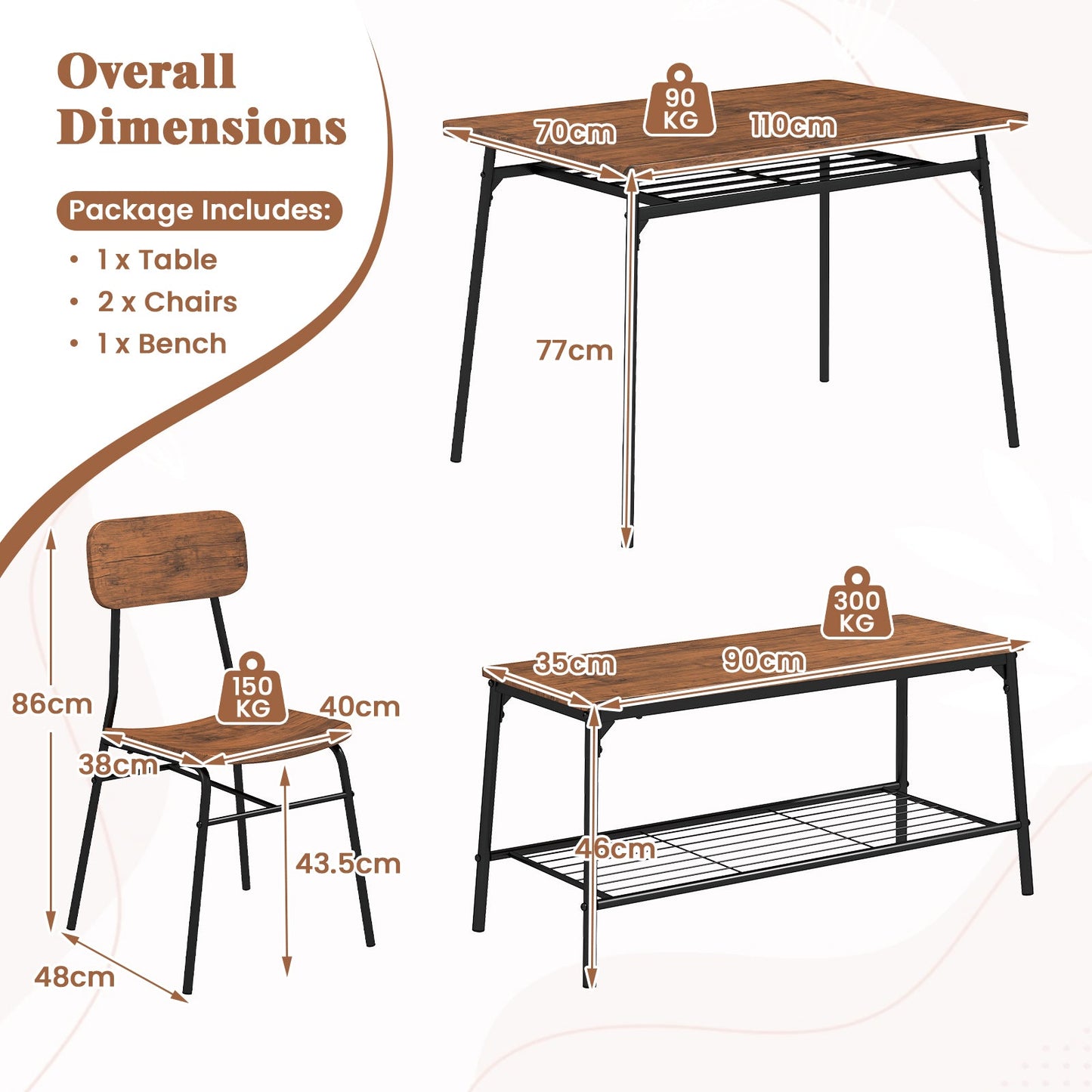 4-Piece Dining Table Set Metal with Bench and Storage Racks-Brown