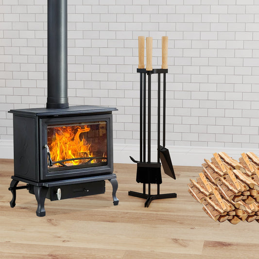 4-Piece Metal Fireplace Tools Set with Wood Handle and Base Stand Holder