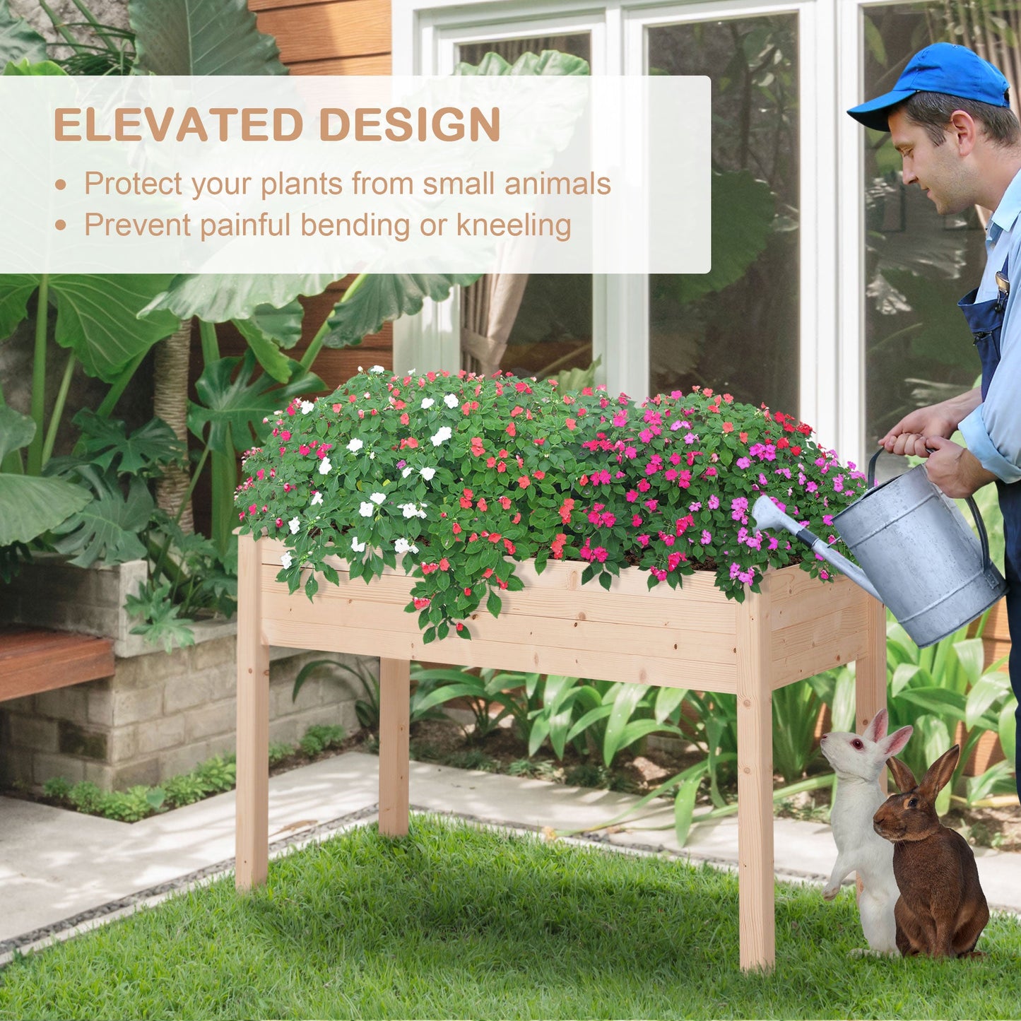 Outsunny Garden Wooden Planters_ Non-Woven Fabric, Rectangular Raised Bed,Fir Wood_Indoor/Outdoor, 122.5Lx56.5Wx76H cm