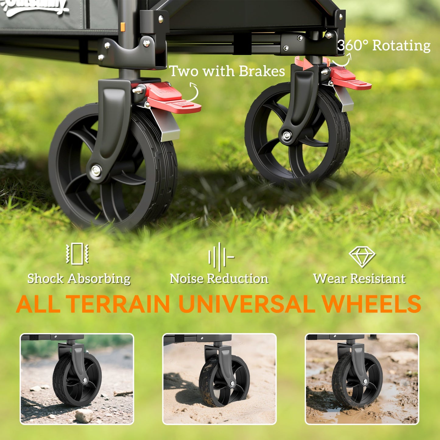 Outsunny Festival Trolley on Wheels, 150L Folding Camping Trolley Cart with Openable Sides, Adjustable Handle and Brakes for Shopping Beach Garden Fishing, Grey