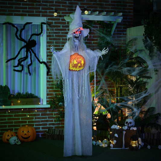 HOMCOM 6ft Outdoor Halloween Decoration Witch with Pumpkin, Standing Skeleton Witch Prop Life Size with Sound and Motion Activated, Light Up Eyes, Laughing Sound, Posable Arms, White