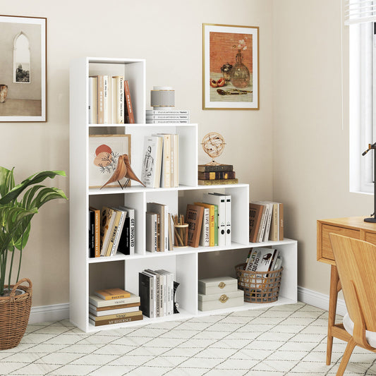 4-Tier Stepped Bookshelf Modern Ladder Bookcase with 6 Storage Cubes-White