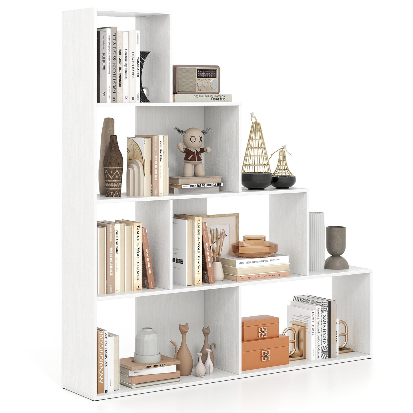 4-Tier Stepped Bookshelf Modern Ladder Bookcase with 6 Storage Cubes-White