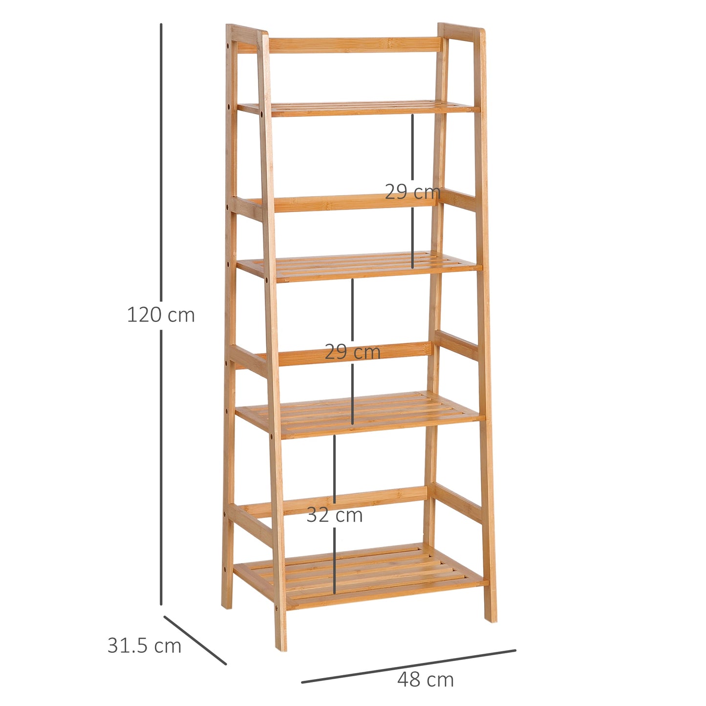 HOMCOM Półka drabinkowa z bambusa, 4-poziomowa, wolnostojąca do salonu, gabinetu, sypialni, biura domowego, 48 x 31,5 x 120 cm, naturalny efekt drewna