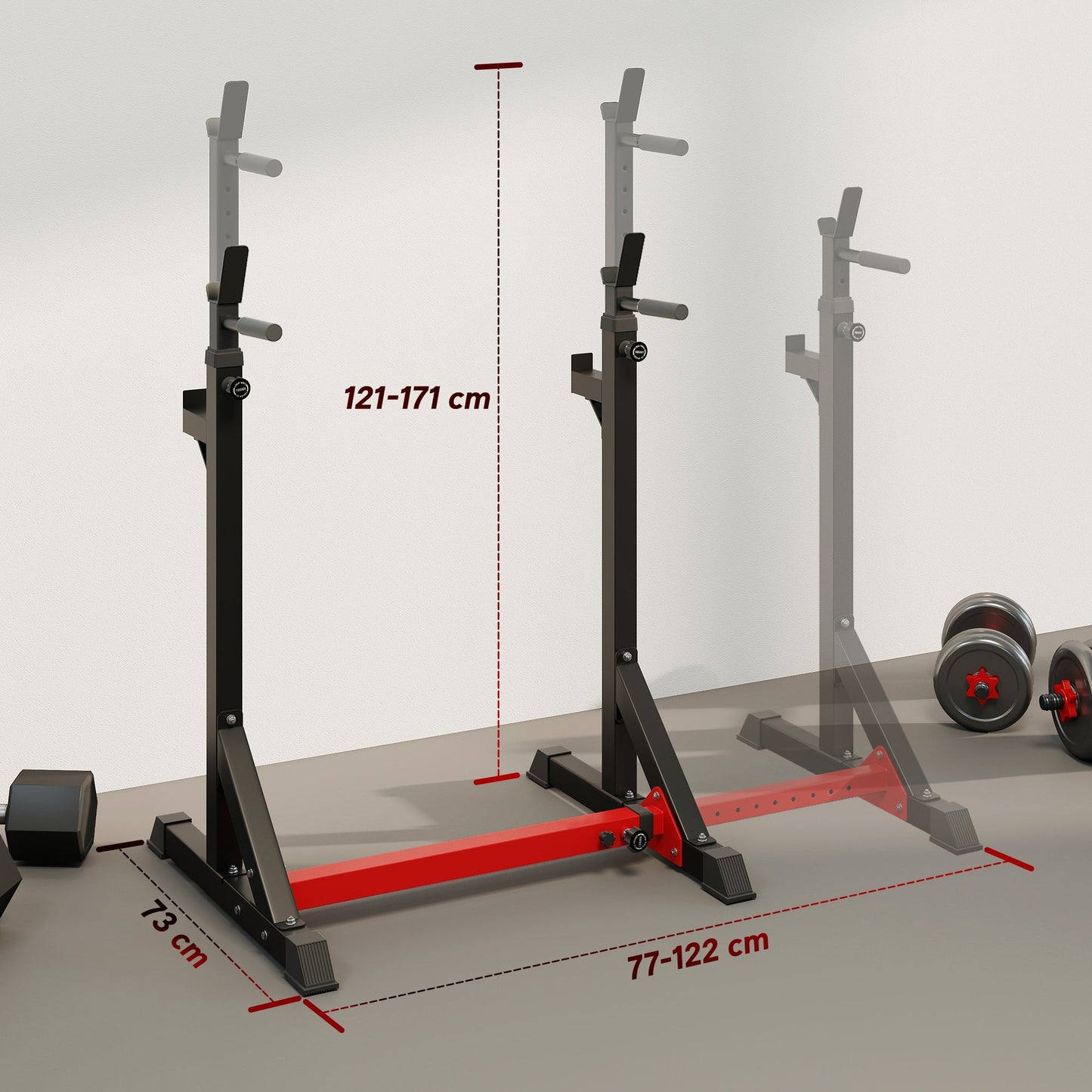 HOMCOM Barbell Rack, Width and Height Adjustable Dip Stand, Bench Press Rack for Home Gym Weight Lifting Fitness Workout, Max Load 150kg