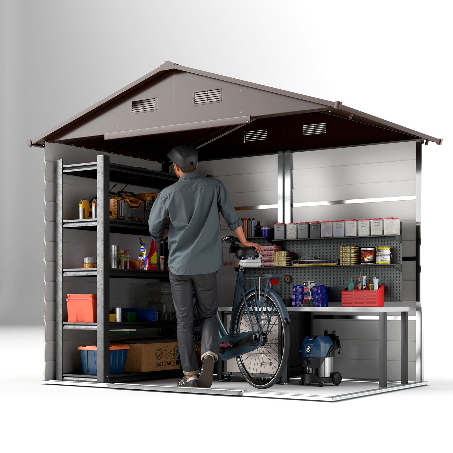 Outsunny 8 x 6ft Garden Storage Shed z przesuwanymi drzwiami - Brązowy efekt drewna