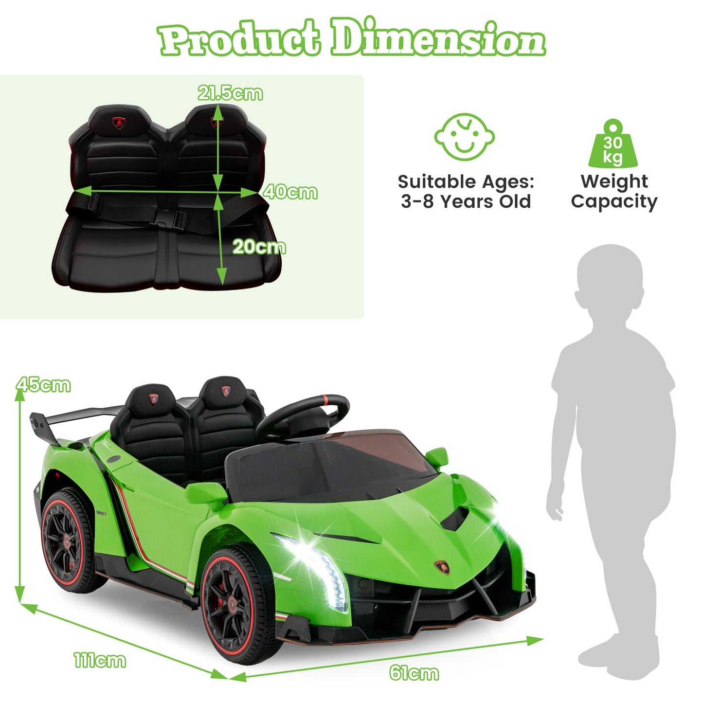4WD Kids Ride On Sports Car Lamborghini with Taillights-Green