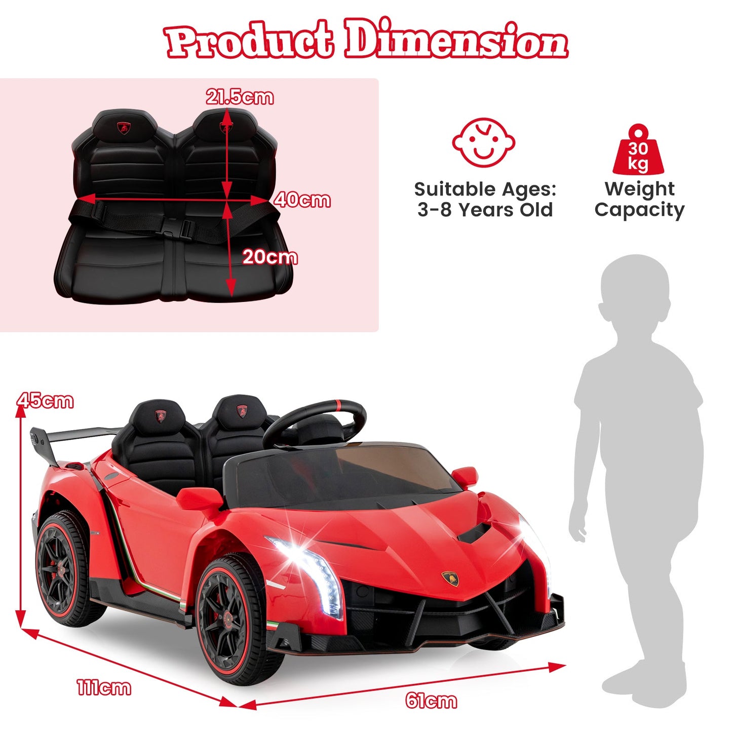 4WD Kids Ride On Sports Car Lamborghini with Taillights-Red