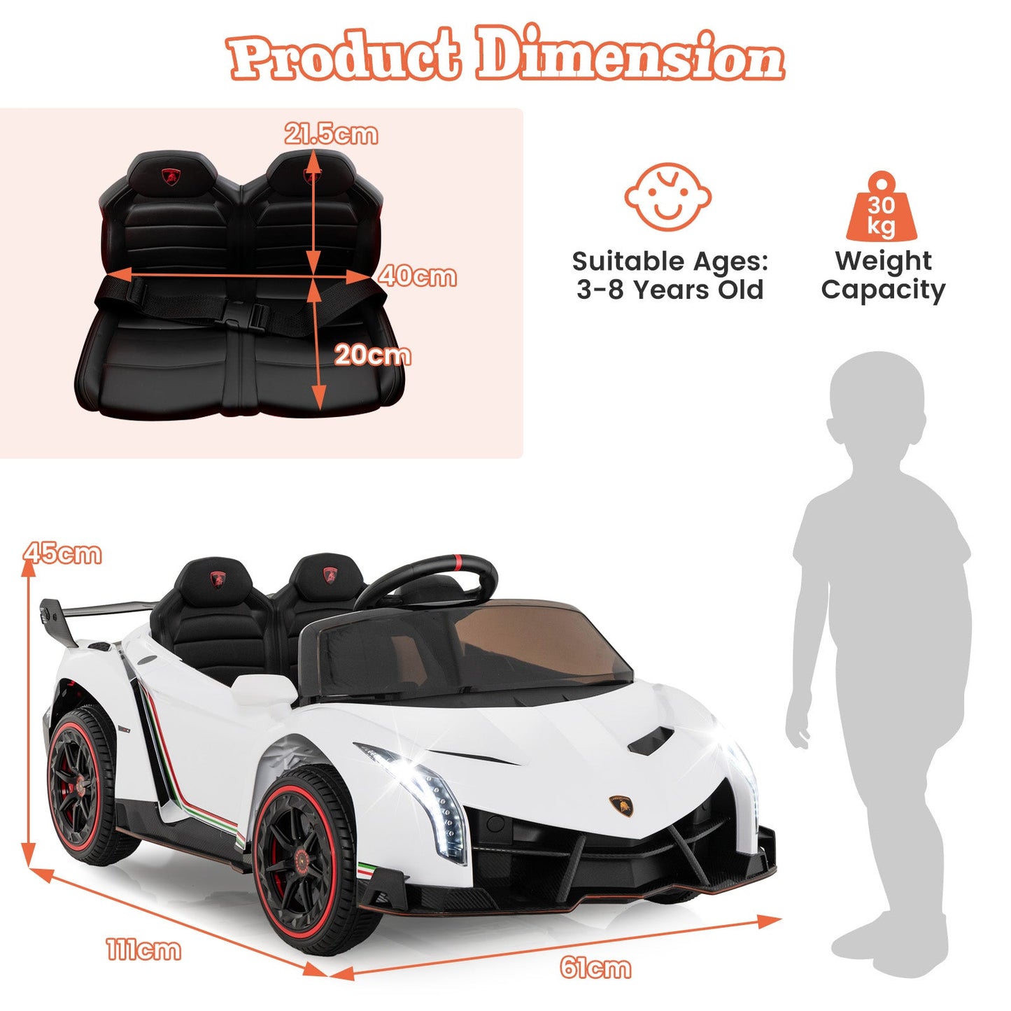 4WD Kids Ride On Sports Car Lamborghini with Taillights-White