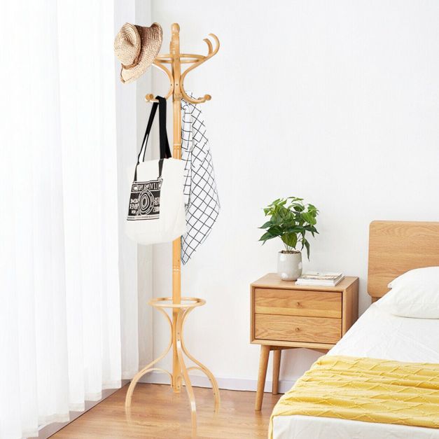 Practical Birch Coat Stand with 360°Rotating Top Tier for Hat & Jacket Oak