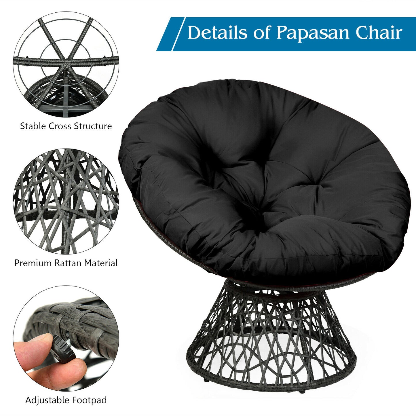 Rattan Papasan Chair with 360° Swivel and Soft Cushion-Black