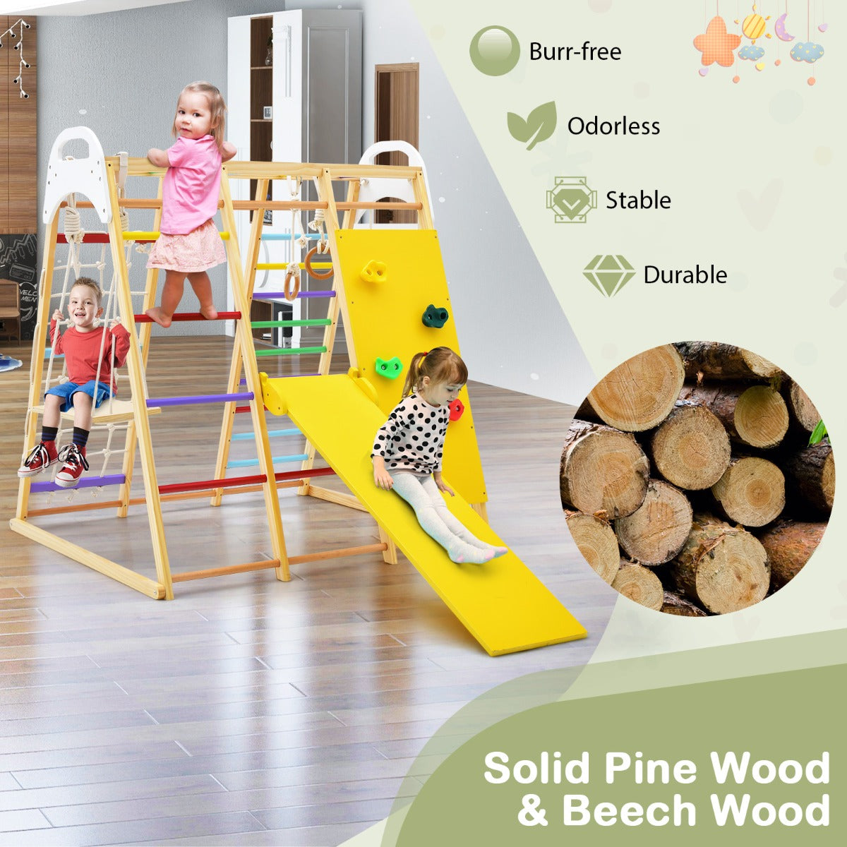 8-in-1 Jungle Gym Playset Wooden Climber Play Set with Monkey Bars-Colourful