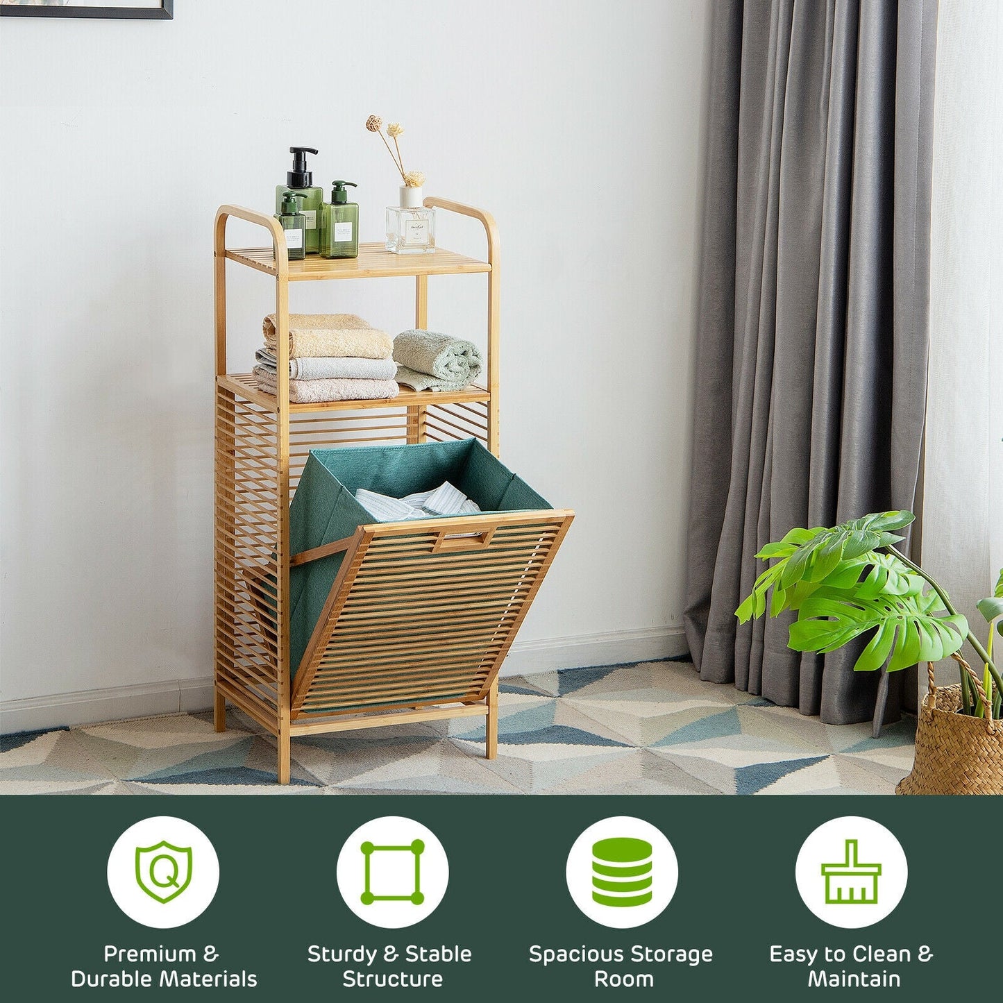 Tilt-out Bamboo Laundry Hamper with 2-Tier Shelf and Removable Liner-Natural