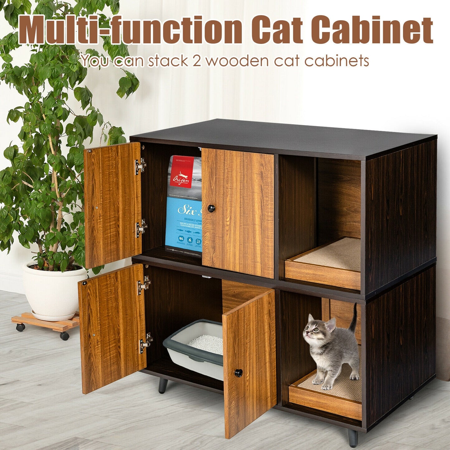 Cat Litter Box Enclosure with Divider for Large Cat & Kitty-Coffee