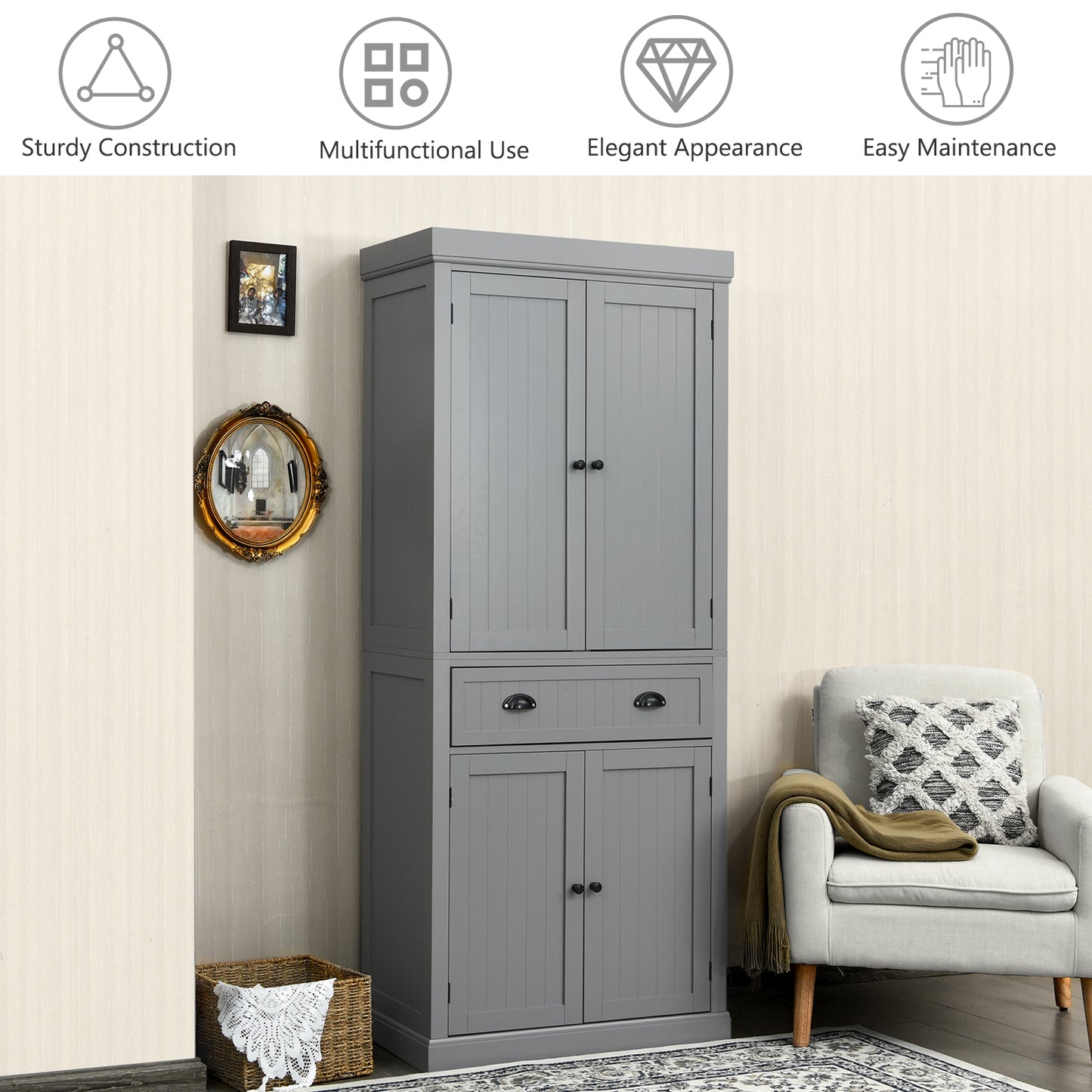 4-Door Tall Kitchen Cupboard Adjustable Shelves and Drawer-Grey