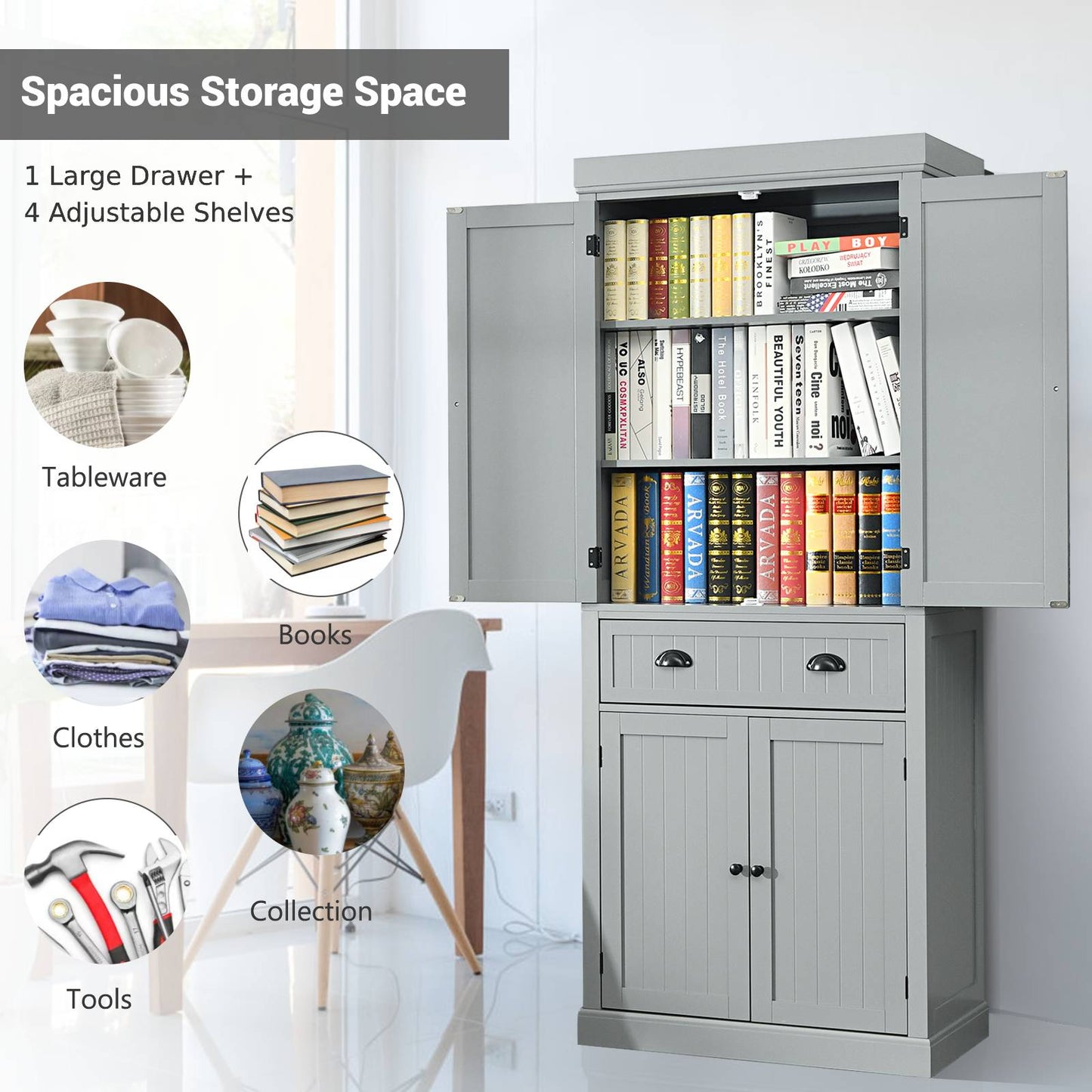 4-Door Tall Kitchen Cupboard Adjustable Shelves and Drawer-Grey