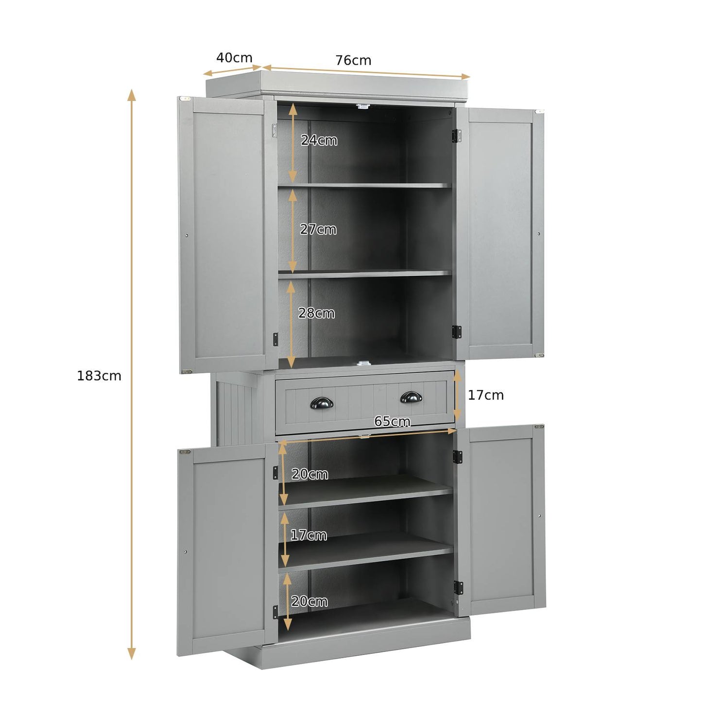 4-Door Tall Kitchen Cupboard Adjustable Shelves and Drawer-Grey