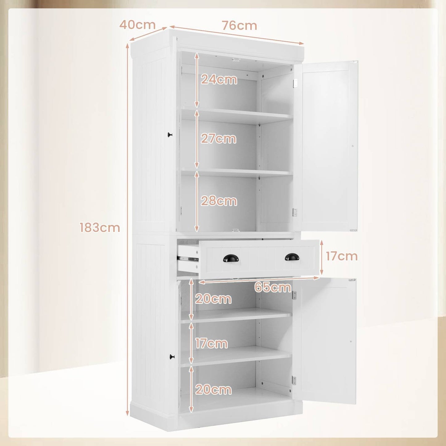 4-Door Tall Kitchen Cupboard Adjustable Shelves and Drawer-White