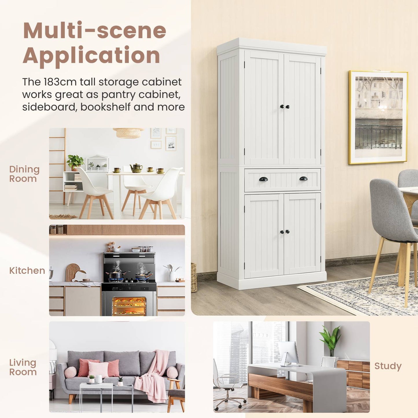 4-Door Tall Kitchen Cupboard Adjustable Shelves and Drawer-White