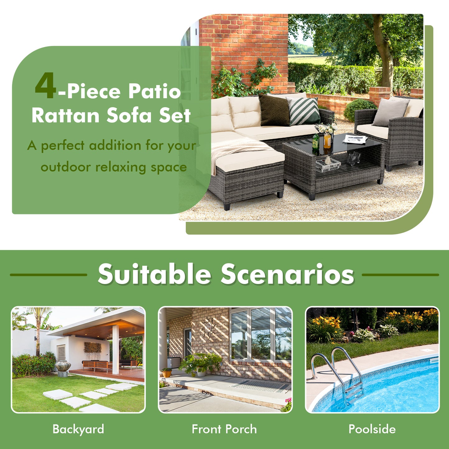 4 PCS Patio Furniture Set with Extra Pillows and Cushions-White
