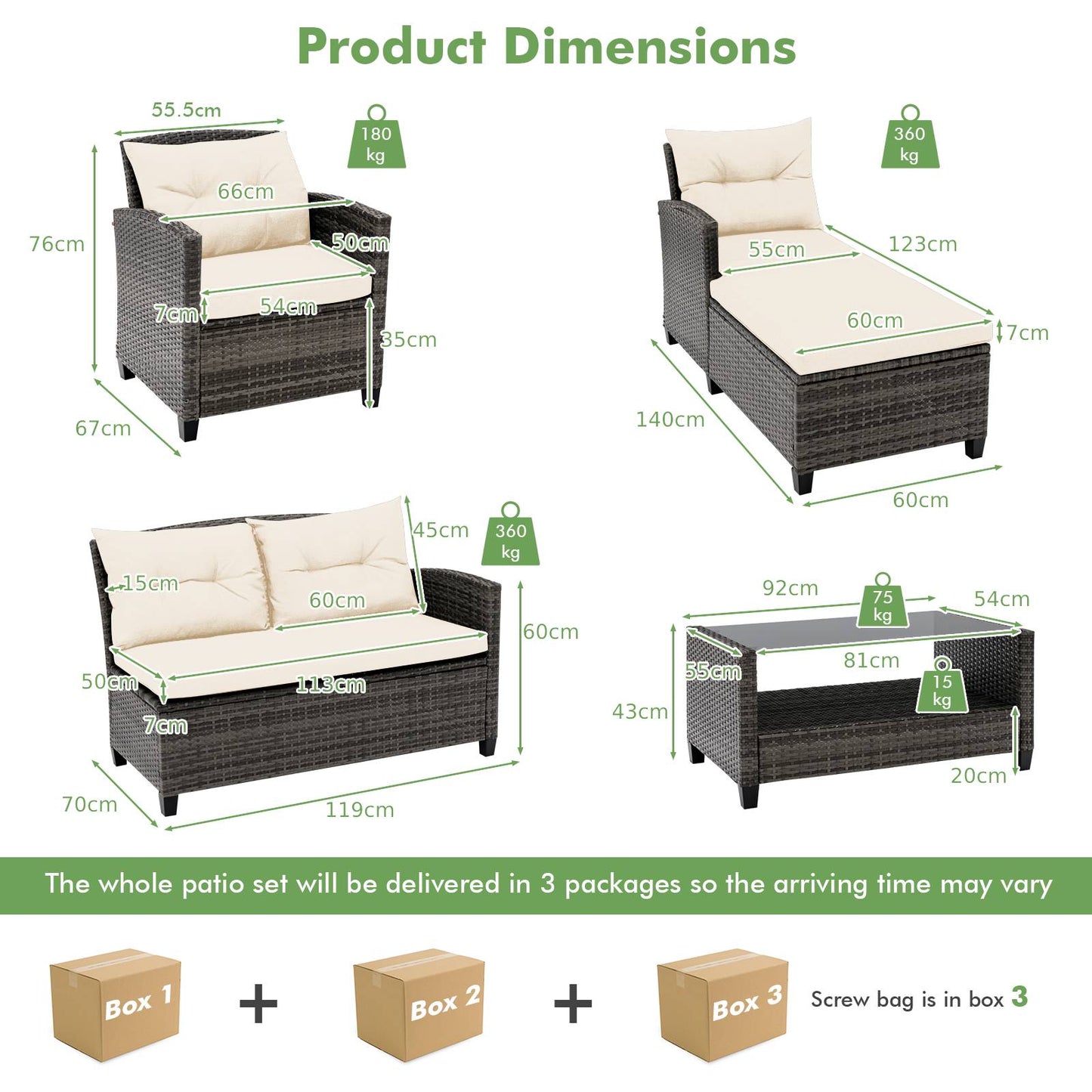 4 PCS Patio Furniture Set with Extra Pillows and Cushions-White