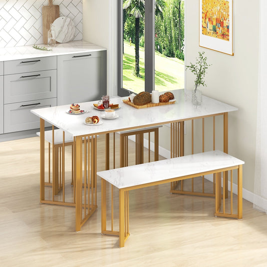 4 Pieces Modern Dinette Dining Table Set with Bench and 2 Stools-White & Golden