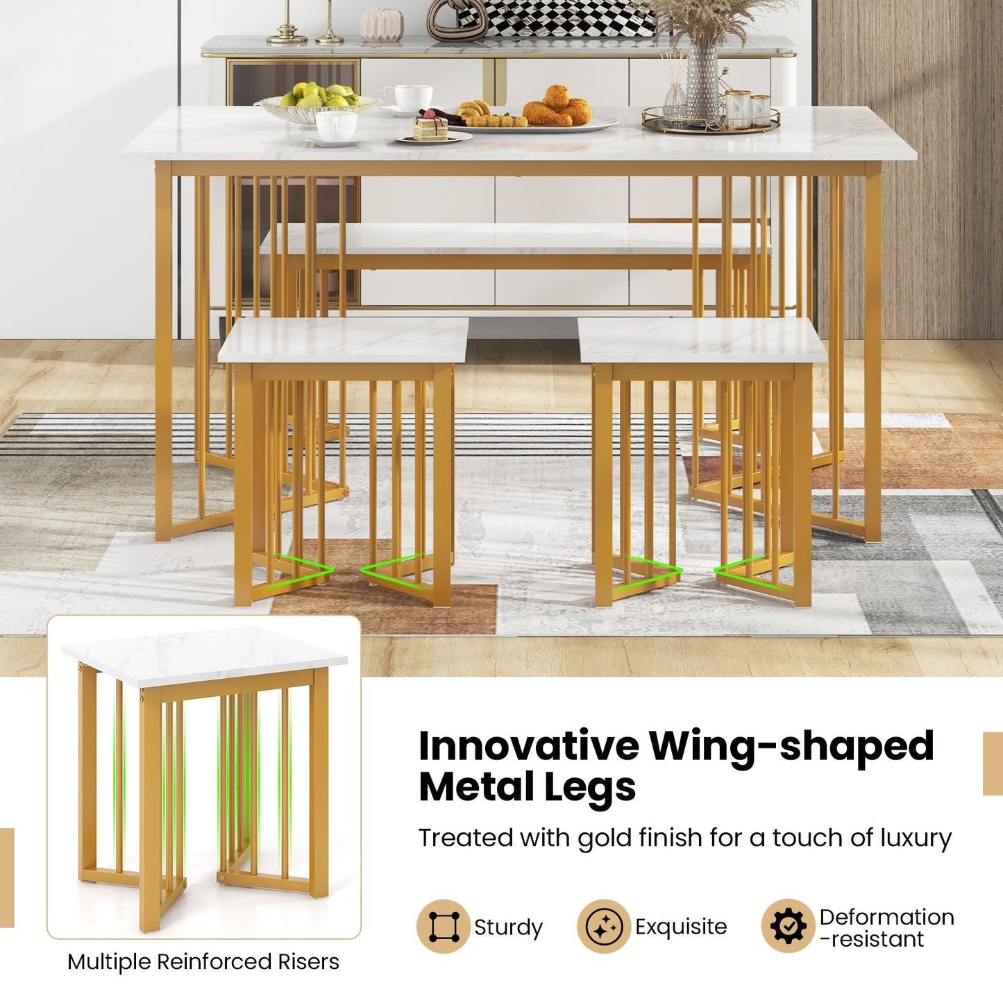 4 Pieces Modern Dinette Dining Table Set with Bench and 2 Stools-White & Golden