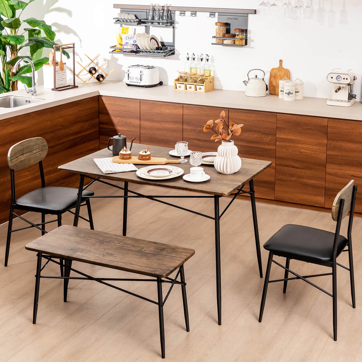4 Piece Dining Table Set with Bench and Faux Leather Chairs-Rustic Brown