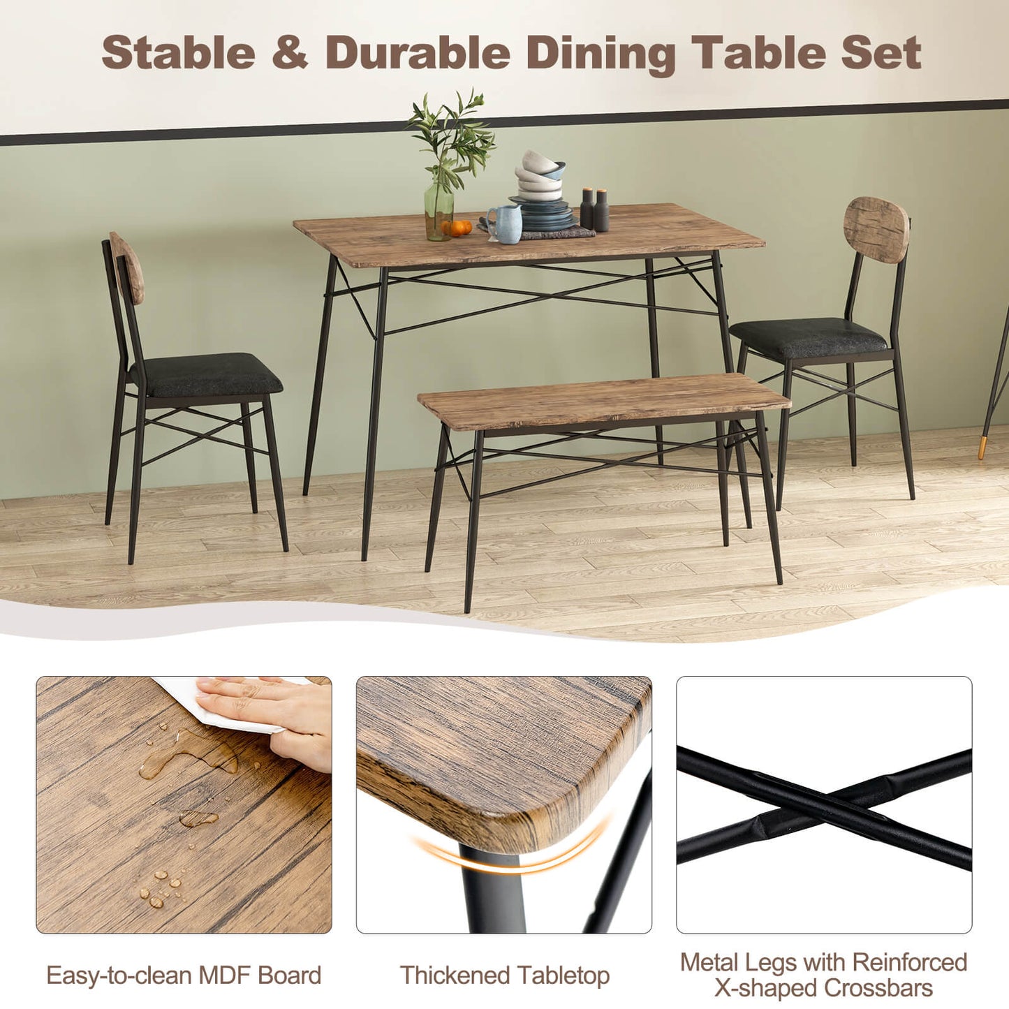 4 Piece Dining Table Set with Bench and Faux Leather Chairs-Rustic Brown