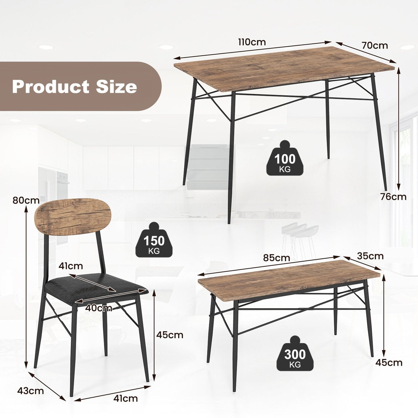4 Piece Dining Table Set with Bench and Faux Leather Chairs-Rustic Brown