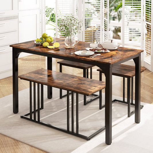 4-Piece Dining Table Set with Bench and 2 Stools for 4 Persons-Rustic Brown