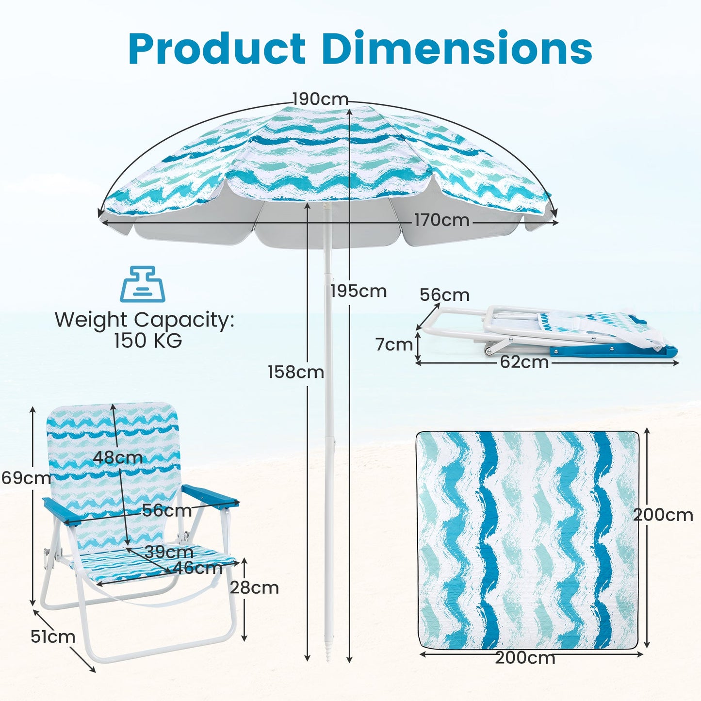 4 Pieces Beach Umbrella Set with 2 Foldable Chairs and Picnic Blanket-Blue