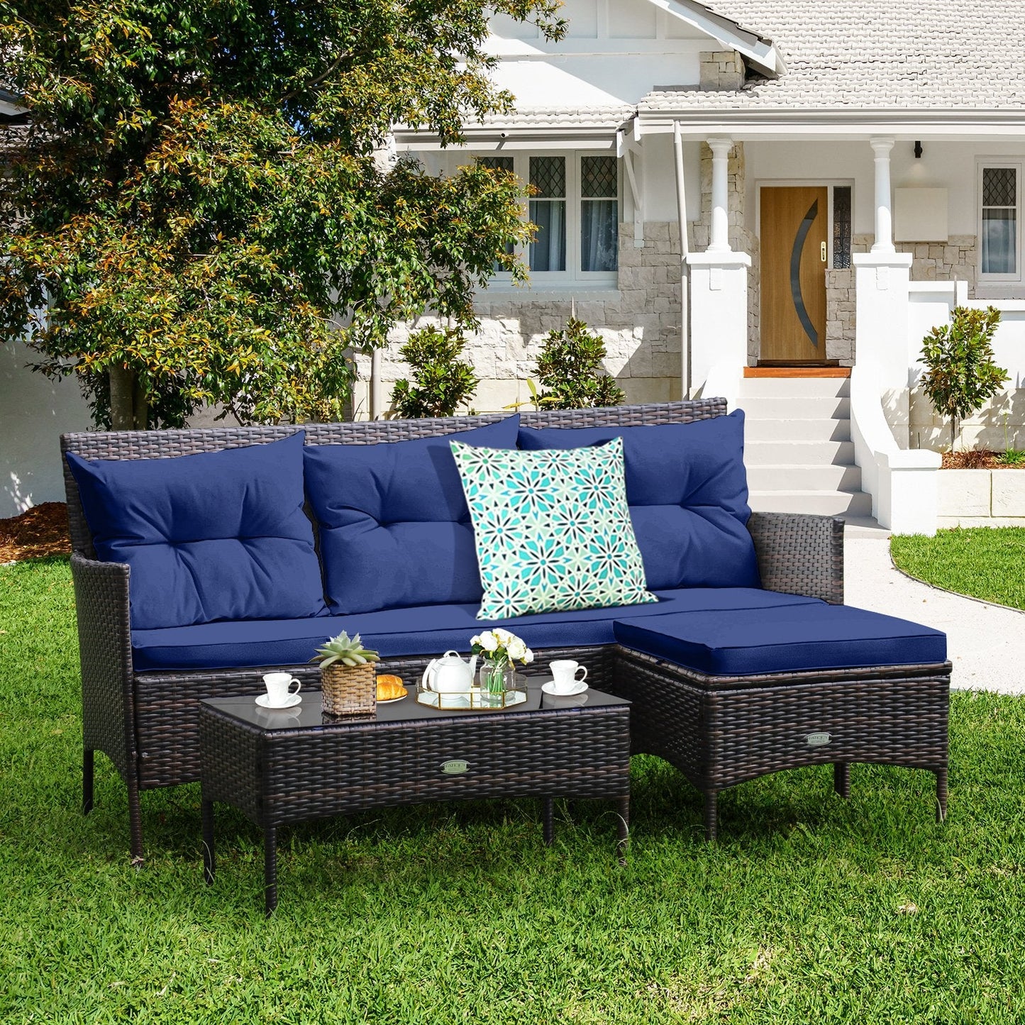 4 Seater Rattan Garden Furniture Set with Cushioned Sofa-Navy