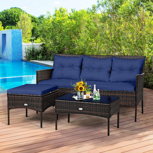 4 Seater Rattan Garden Furniture Set with Cushioned Sofa-Navy