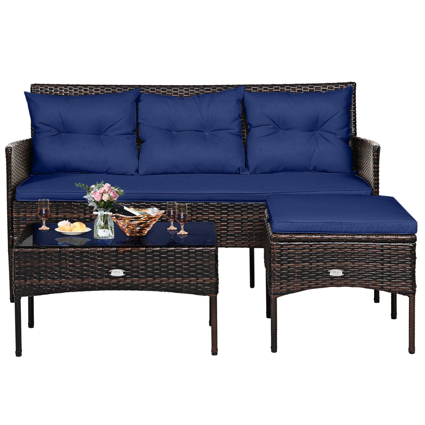 4 Seater Rattan Garden Furniture Set with Cushioned Sofa-Navy