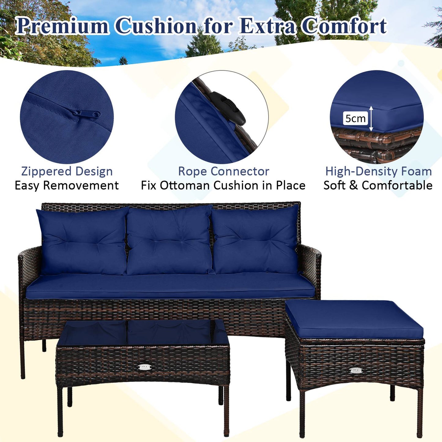 4 Seater Rattan Garden Furniture Set with Cushioned Sofa-Navy