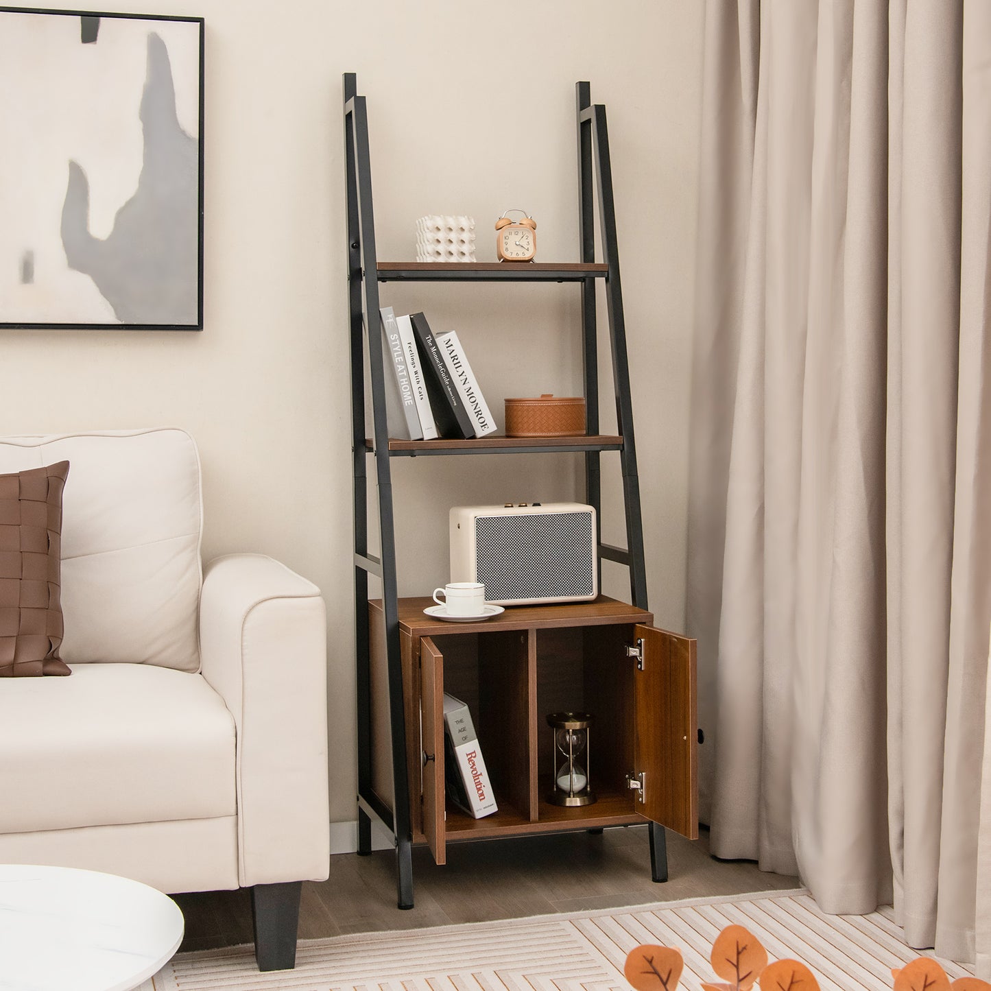 4-Tier Ladder Shelf with Cabinet Industrial Bookcase with Metal Frame-Rustic Brown