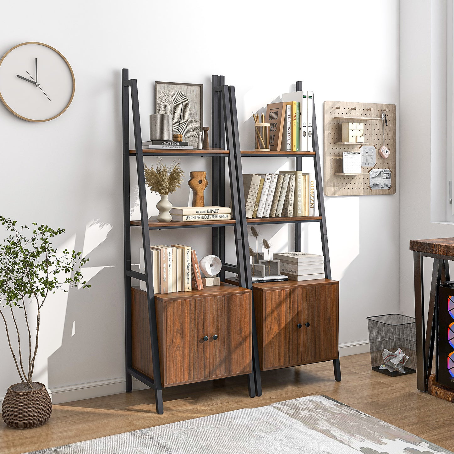 4-Tier Ladder Shelf with Cabinet Industrial Bookcase with Metal Frame-Rustic Brown