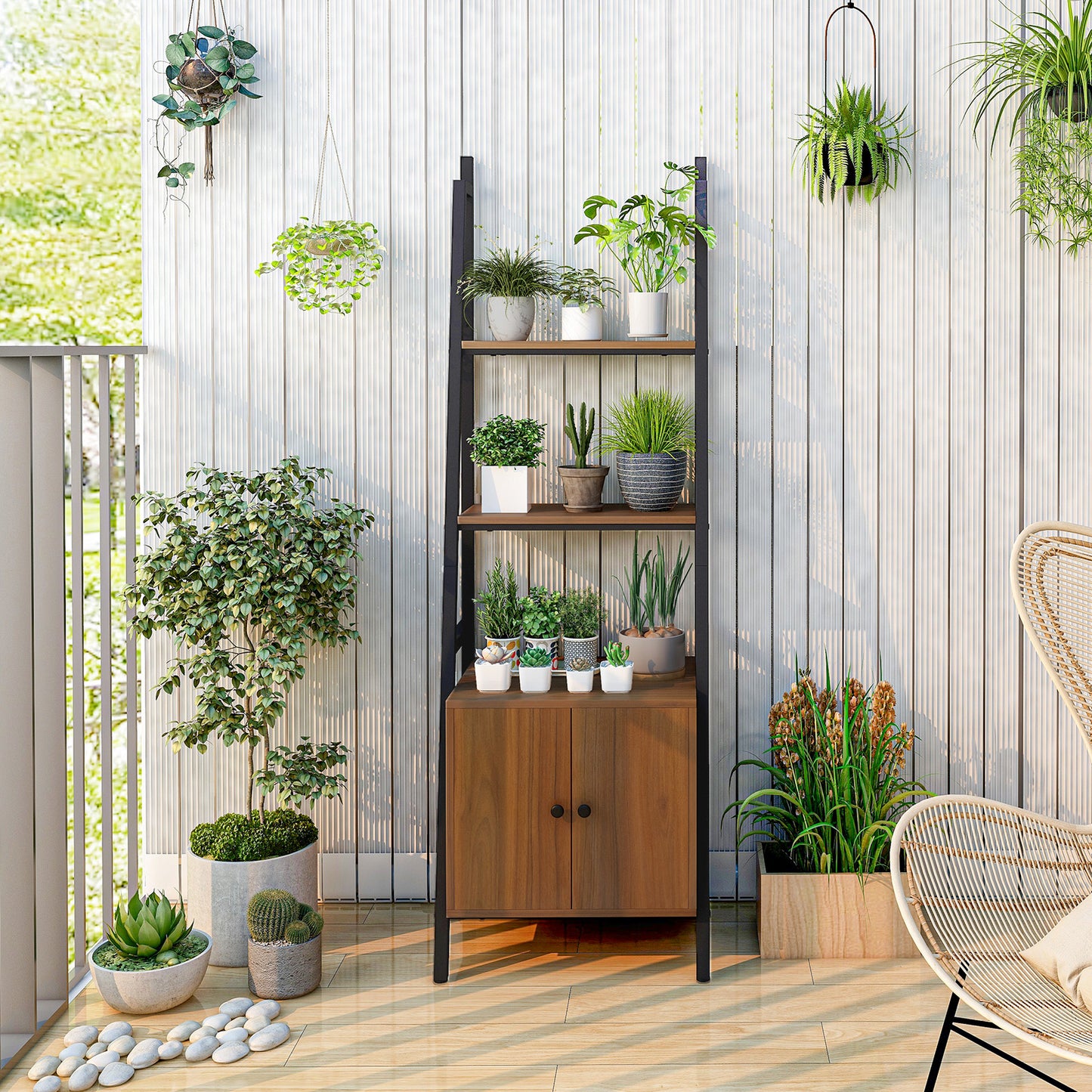 4-Tier Ladder Shelf with Cabinet Industrial Bookcase with Metal Frame-Rustic Brown